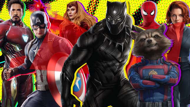 Iron Man, Captain America, Scarlet Witch, Black Panther, Spider-Man, Rocket Raccoon, and Black Widow are shown in front of a yellow background.