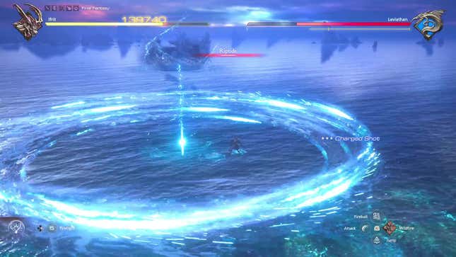 Ifrit stands in a glowing ring with a glowing point at its center as the attack name Riptide is displayed.