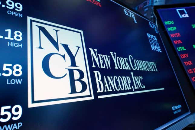 FILE - The logo for New York Community Bancorp is displayed above a trading post on the floor of the New York Stock Exchange, Jan. 31, 2024. New York Community Bancorp&#39;s stock plunged even more Wednesday, March 6, 2024 sending it below $2 and down more than 80% for the year so far. (AP Photo/Richard Drew, File)