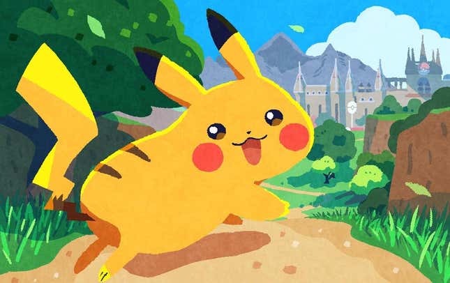 Pikachu terlihat sangat gembira! Ia melompat di jalan setapak, dengan kastil Pokemon yang menawan di latar belakang.