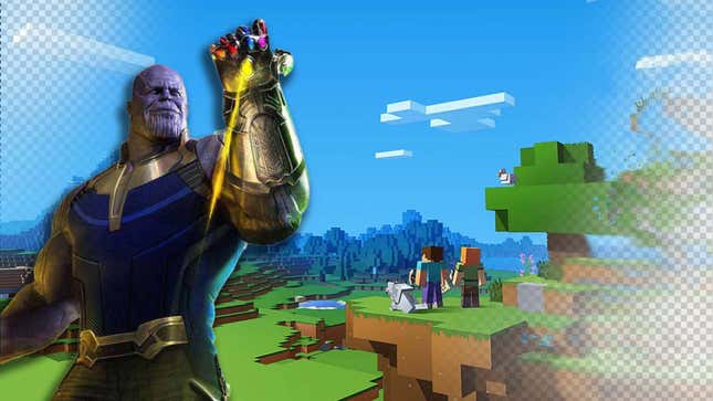 An image shows Thanos snapping away a Minecraft world. 