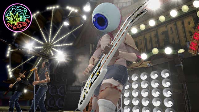 A performer with a giant eyeball for a head in a modded version of Guitar Hero.