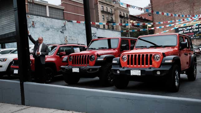 A photo of Jeep cars on sale at a dealer. 