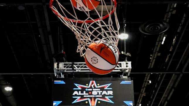 A ball goes through the basket during practice for the WNBA All-Star basketball game in Chicago, Saturday, July 9, 2022. (AP Photo/Nam Y. Huh)