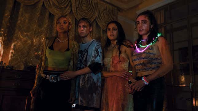        (from left) Amandla Stenberg, Maria Bakalova, Chase Sui Wonders, Rachel Sennott in Bodies Bodies Bodies.