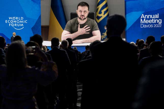 FILE - Ukrainian President Volodymyr Zelenskyy addresses the opening plenary session by videolink during the 51st annual meeting of the World Economic Forum, WEF, in Davos, Switzerland, Monday, May 23, 2022. More than 60 heads of state and government and hundreds of business leaders are coming to Switzerland to discuss the biggest global challenges during the World Economic Forum&#39;s annual gathering next week, ranging from Israeli President Isaac Herzog to Ukrainian President Volodymyr Zelenskyy. (Laurent Gillieron /Keystone via AP, File)