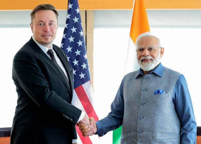 Indian Prime Minister Narendra Modi (R) meets with Elon Musk (L) in New York, United States on June 20, 2023. 