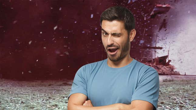 A man winks in front of a tornado.