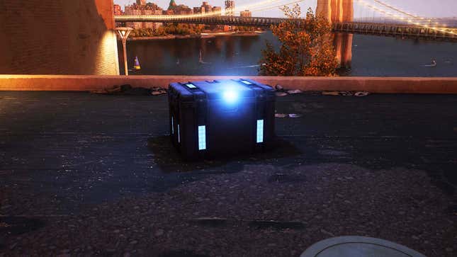 A screenshot shows a blue glowing chest in Spider-Man 2. 