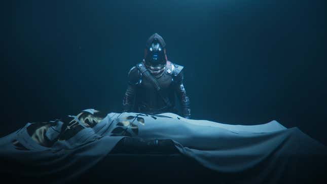 A screenshot of Cayde-6 standing over a deceased character covered in a decorative pall. 