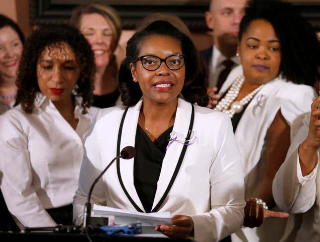 Ohio House minority leader Emilia Sykes delivers the Democrat’s response to the Ohio Governor Mike DeWine’s Ohio State of the State address at the Ohio Statehouse in Columbus, Ohio, Tuesday, March 5, 2019.