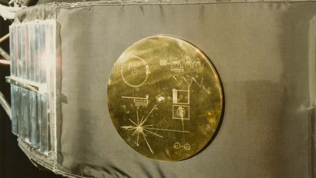 A photo of the gold record on the side of the Voyager probe. 