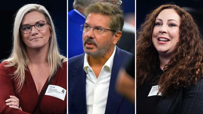 Former Commanders employees Melanie Coburn, left, and Megan Imbert, right, and Dan Snyder, owner of the Washington Commanders.