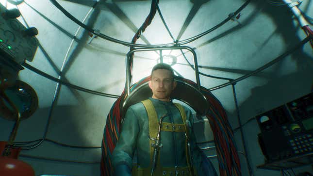 A diver talks to the player character inside an underwater vessel. 