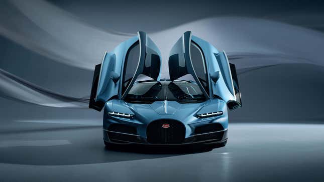 Front end of a blue Bugatti Tourbillon with the doors open