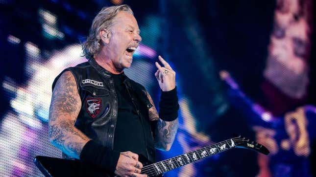 Metallica's lead singer James Hetfield makes a rock hand sign. The band revealed it had acquired its own vinyl record manufacturer this month. 