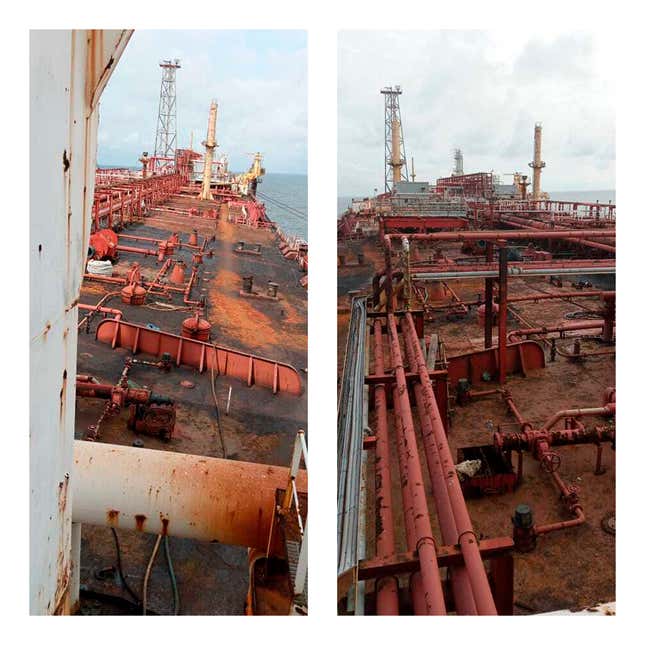 This combination of photos provided by Pius Orofin, a deck operator aboard the Trinity Spirit oil ship, shows rusted areas of the ship moored 15 miles off the coast of Nigeria, in November 2021. The ship, used to store and refine large quantities of oil extracted from the ocean floor, caught fire on Feb. 2, 2022. The three survivors of the Trinity Spirit&#39;s explosion - Orofin, Patrick Aganyebi and Lawrence Yorgolo - told the AP of the lack of safety procedures on the ship and of equipment failures. (Pius Orofin via AP)