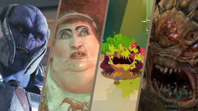 Bosses from various games, sliced diagonally.