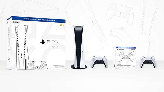 Promotional image of the refurbished PS5 and Dualsense in their unique packaging. 