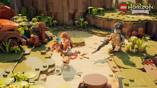 Aloy and Varl run across a LEGO jungle map.