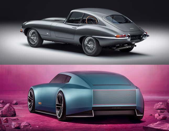 Collage showing the rear 3/4 views of a grey Jaguar E-Type Coupe and the blue Jaguar Type 00 concept