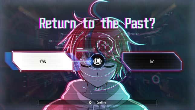 Takumi closes his eyes with the text "Return to the Past?" and a Yes or No dialogue box in front of him.