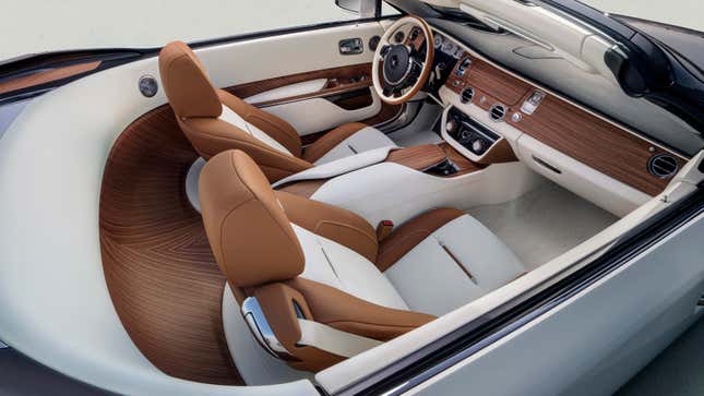 Brown and white interior of a Rolls-Royce Droptail