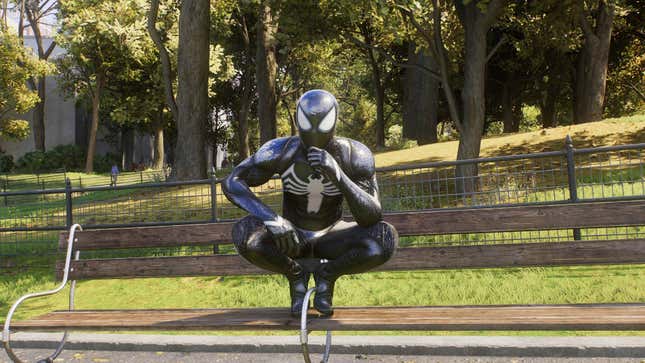 A Spider-Man 2 screenshot shows Peter Parker wearing his Black symbiote suit. 