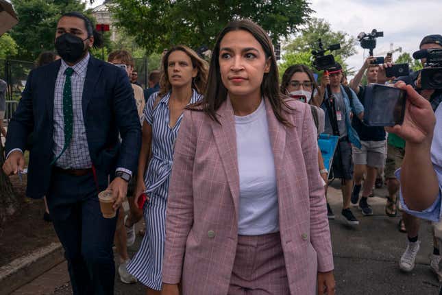 Rep. Alexandria Ocasio-Cortez (D-NY) leaves after speaking to abortion-rights activists in front of the U.S. Supreme Court after the Court announced a ruling in the Dobbs v Jackson Women’s Health Organization case in June 24, 2022, in Washington, DC.