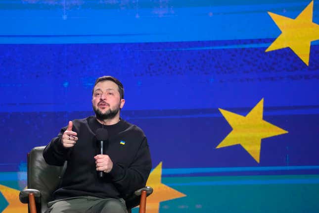 Ukrainian President Volodymyr Zelenskyy speaks during his end-of-the-year news conference in Kyiv, Ukraine, Tuesday, Dec. 19, 2023. (AP Photo/Efrem Lukatsky)