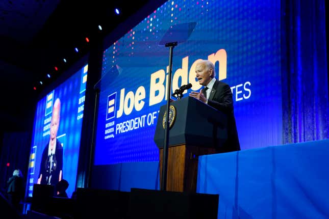 President Joe Biden speaks at the 2023 Human Rights Campaign National Dinner, Saturday, Oct. 14, 2023, in Washington. (AP Photo/Manuel Balce Ceneta)