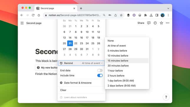 Reminders can be quickly dropped into Notion.Screenshot: Notion