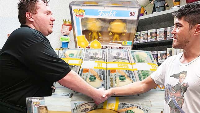 Two collectors exchange a handshake in front of cash and two gold Funko Pop!