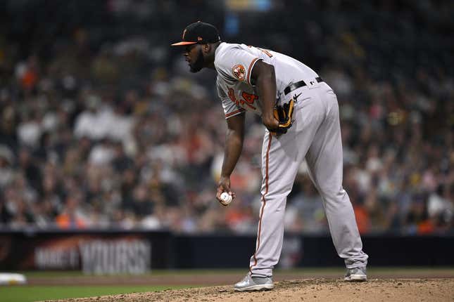 Aug 14, 2023; San Diego, California, USA; Baltimore Orioles relief pitcher Felix Bautista (74) prepares to pitch against the San Diego Padres during the ninth inning at Petco Park.