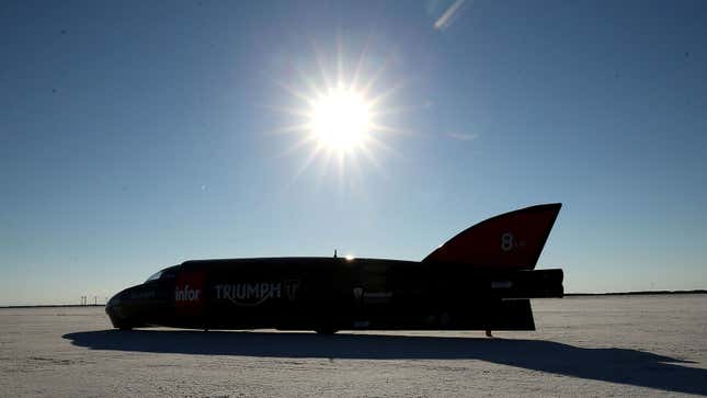 A photo of a land speed record bike on the salt flats. 