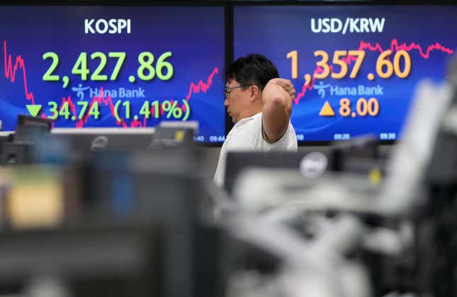 A currency trader watches monitors near the screens showing the Korea Composite Stock Price Index (KOSPI), left, and the foreign exchange rate between U.S. dollar and South Korean won at the foreign exchange dealing room of the KEB Hana Bank headquarters in Seoul, South Korea, Thursday, Oct. 19, 2023. Shares tumbled in Asia on Thursday following a retreat on Wall Street after big U.S. companies delivered mixed profit reports and Treasury yields added pressure on stocks. (AP Photo/Ahn Young-joon)