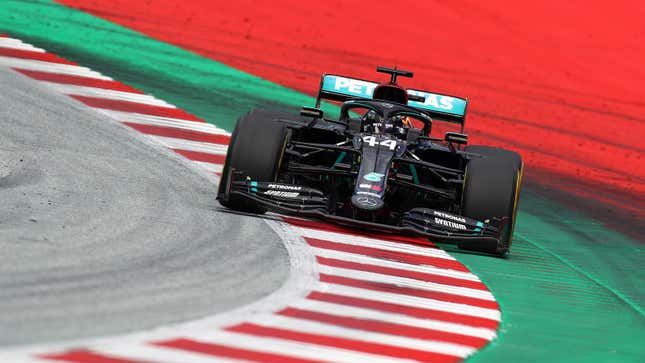 A photo of Lewis Hamilton driving a W11 Mercedes F1 car in Austria. 