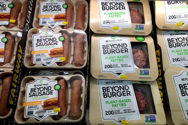 FILE - Packages of Beyond Meat&#39;s Beyond Burgers and Beyond Sausage, are shown in this photo, in New York, on April 29, 2021. Beyond Meat reports earnings on Wednesday, Nov. 8, 2023. (AP Photo/Richard Drew, File)