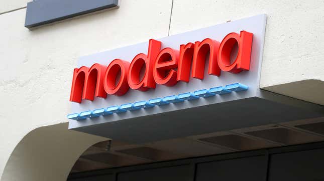 A sign at the Moderna headquarters is seen in Cambridge, Massachusetts.