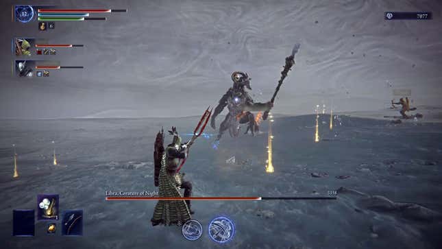A player aims a bow and arrow at Libra.