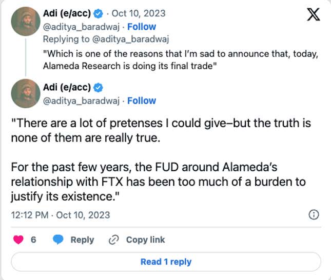 A tweet from the drafts, published on X by former Alameda employee, Aditya Baradwaj.