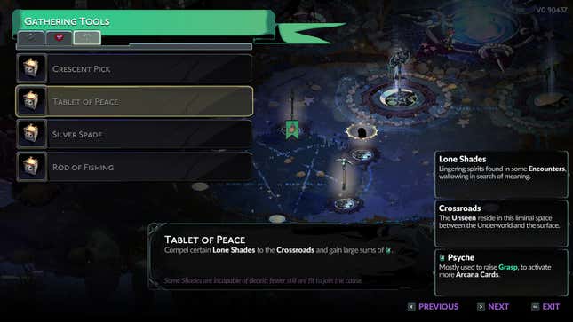 A menu screen of Gathering Tools is shown, with the Tablet of Peace highlighted.