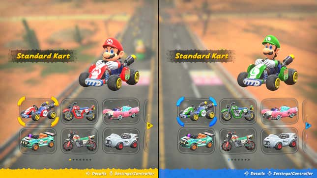 Mario and Luigi in green and red Standard Karts.
