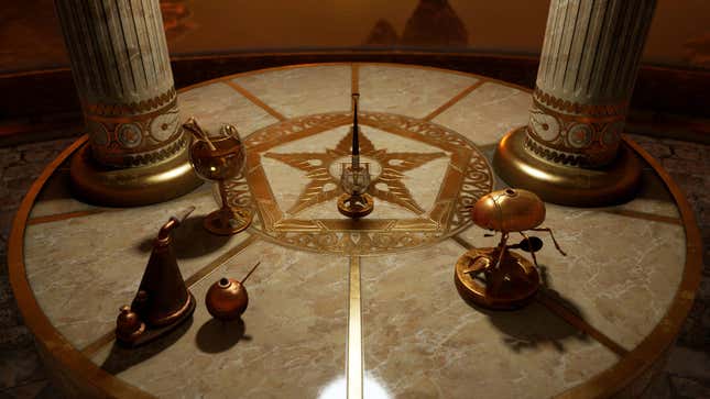 The player looks at a puzzle with various objects and a pentacle in the middle.