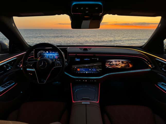 Dashboard of a 2024 Mercedes-Benz E350 at sunset