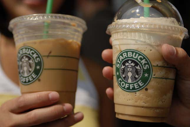 Starbucks coffees outside of the flagship Starbucks store in Seattle, Washington.