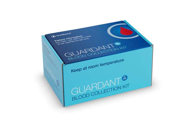 This image provided by Guardant Health in March 2024, shows packaging for their colon cancer blood test, Shield. According to a study published Wednesday, March 13, 2024, in the New England Journal of Medicine and sponsored by Guardant Health, the test performed well, further expanding screening options for a leading cause of cancer deaths. The test missed some cancers and won’t replace colonoscopy, the gold standard test. (Guardant Health via AP)