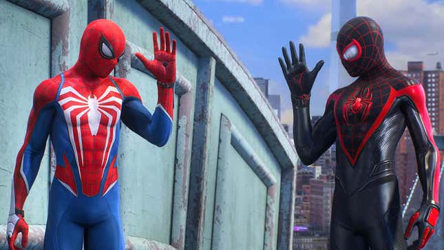 A screenshot shows Spider-Man waving to Spider-Man. 