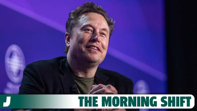 Unten ein Foto von Tesla-Chef Elon Musk mit dem Banner von The Morning Shift. 