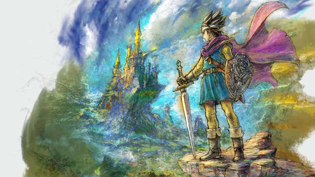 Official artwork for Dragon Quest III HD-2D Remake. The hero is in the foreground standing on a rock, looking at a castle in the distance.